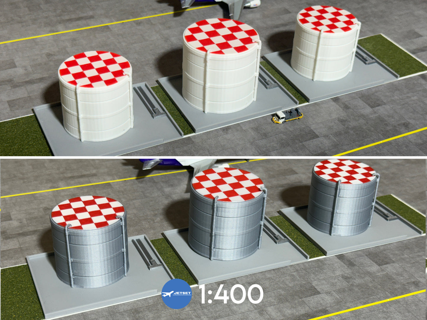 1:400 Scale Airport Jet Fuel Tanks (White or Silver) + BASE