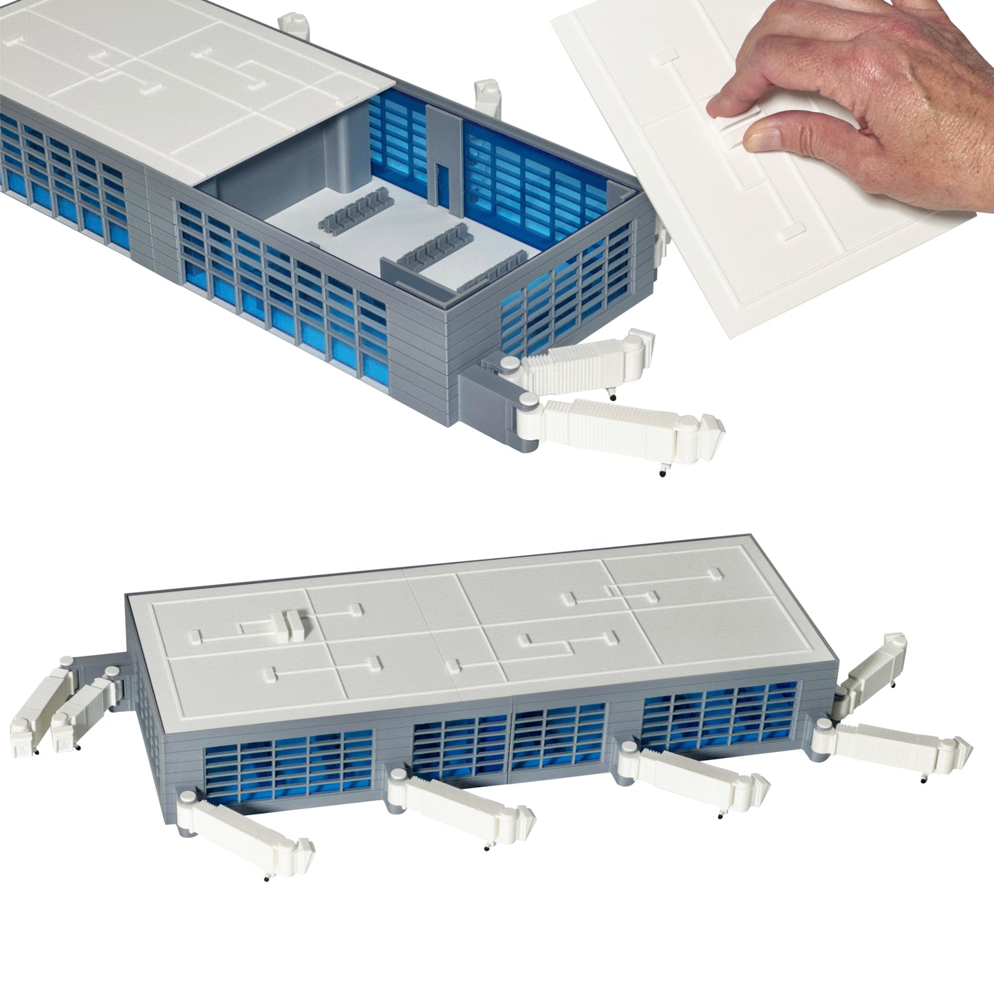 Airport Terminal Playset/Display Model– Fits Daron Planes, Moving Jetways, Removable Roof, Realistic Full Interior, Transparent Windows – Collectible Toy for Kids & Aviation Enthusiasts (18” x 7”)