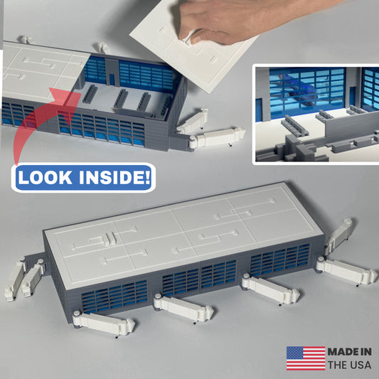 Airport Terminal Playset/Display Model– Fits Daron Planes, Moving Jetways, Removable Roof, Realistic Full Interior, Transparent Windows – Collectible Toy for Kids & Aviation Enthusiasts (18” x 7”)