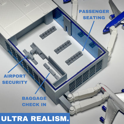 Airport Terminal Playset/Display Model– Fits Daron Planes, Moving Jetways, Removable Roof, Realistic Full Interior, Transparent Windows – Collectible Toy for Kids & Aviation Enthusiasts (18” x 7”)